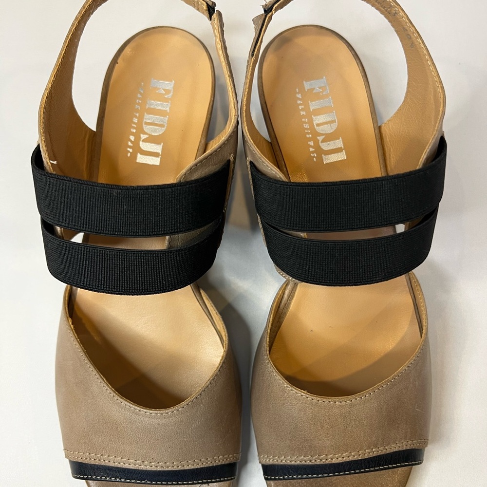 FIDJI Leather Slingback Sandals Tan Black Elastic Comfort Low Heel EU 40.5